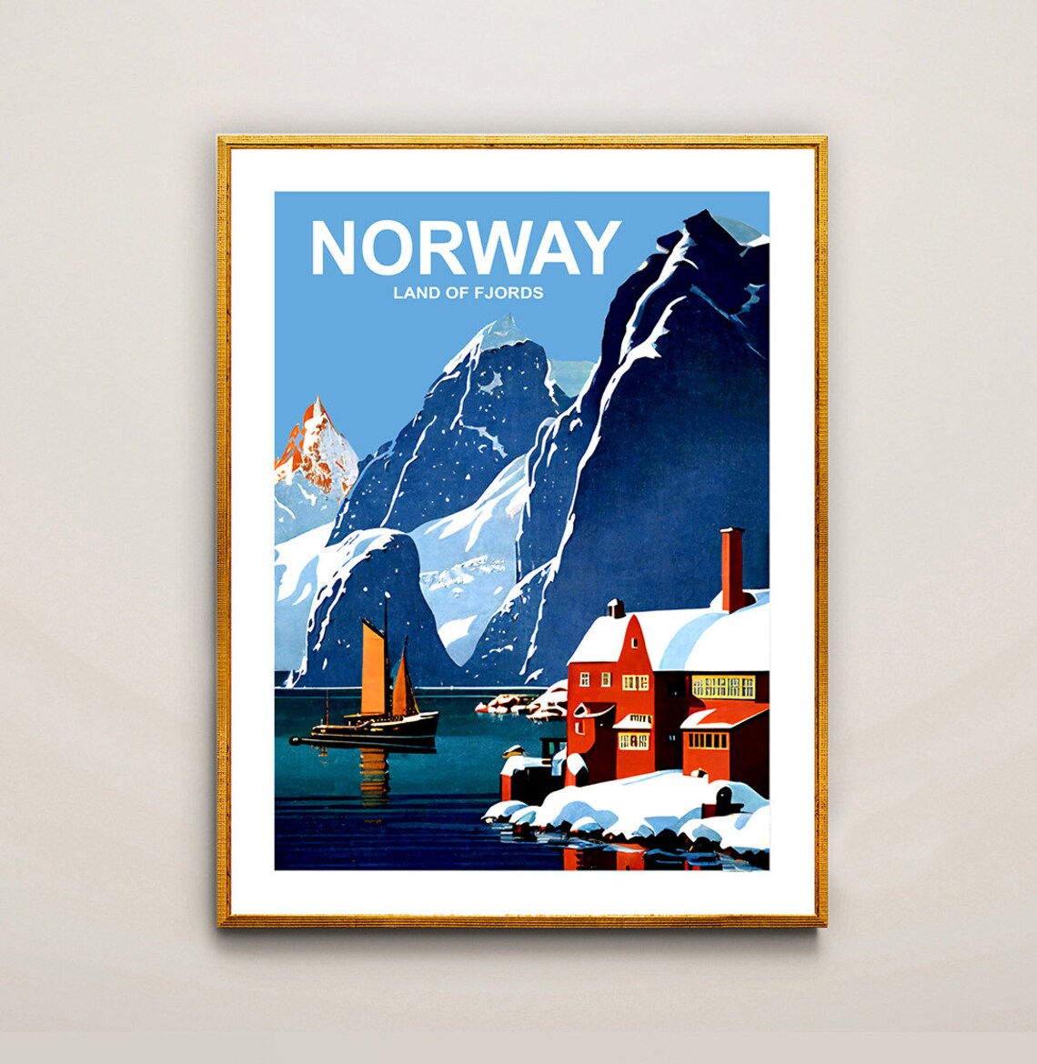 Norway Land Of Fjords Snowy Mountains Red Cabins Vintage Travel Poster