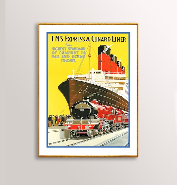 LMS Express and Cunard Liner Vintage Steam Train Ocean Travel Poster
