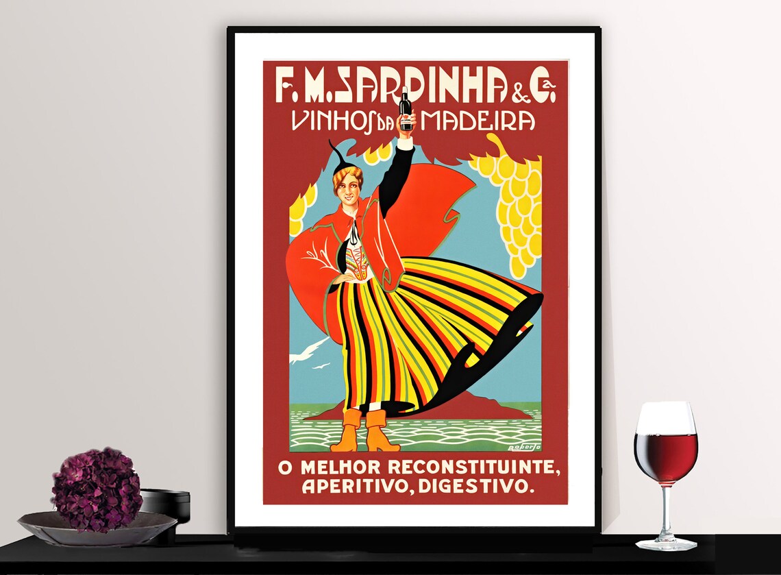 F.M. Sardinha Madeira Wine Vintage Portuguese Poster in Folk Costume