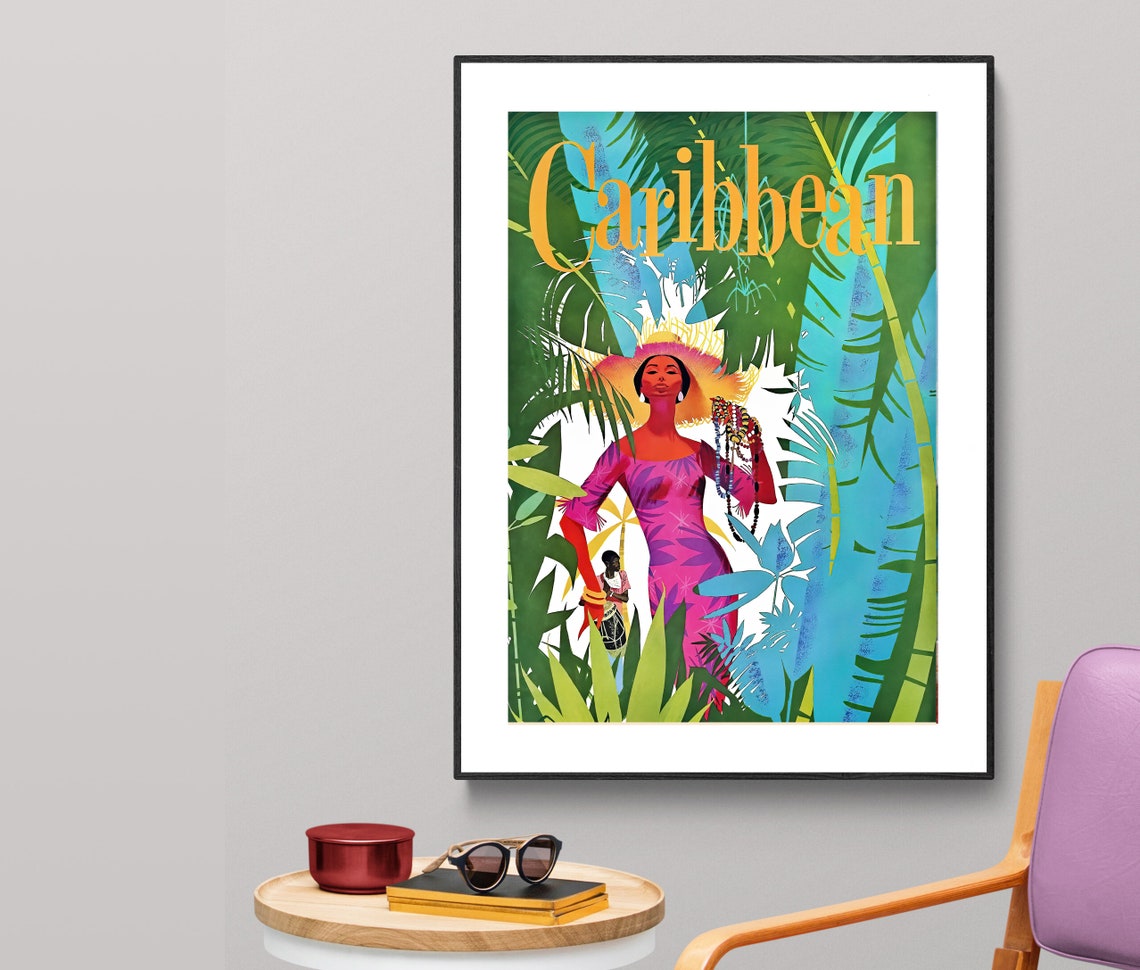 Caribbean Vintage Travel Poster, Wall Art Print