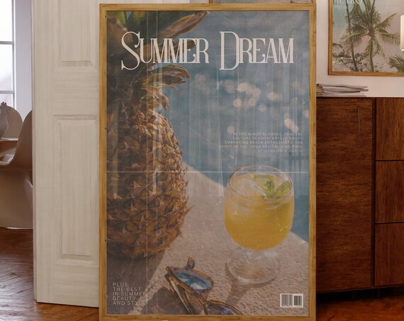 Summer Dream Magazine Pineapple Cocktail Poolside Retro Poster
