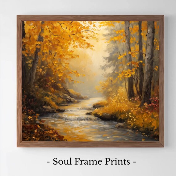 Golden Autumn Forest Stream Oil Painting Poster With Fall Leaves