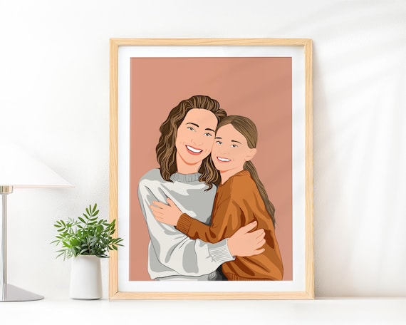 Custom Mother and Daughter Hugging Portrait Illustration Poster