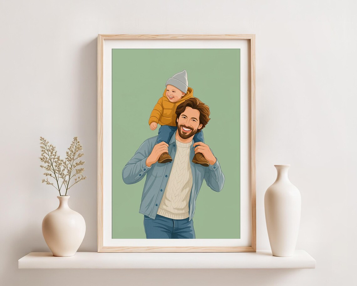 Personalized Dad and Child Shoulder Ride Sage Portrait Poster