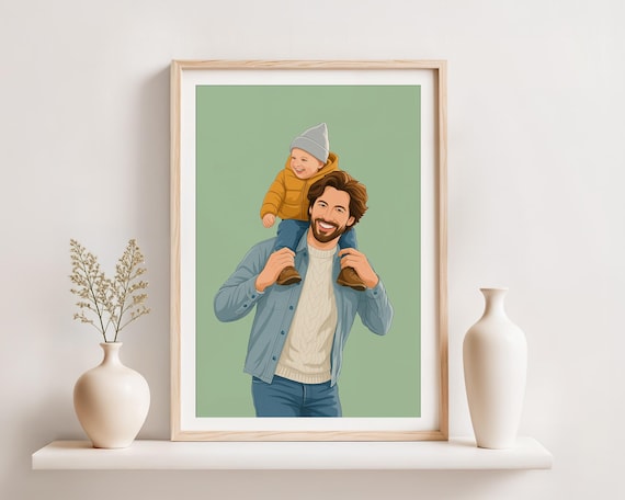 Personalized Dad and Child Shoulder Ride Sage Portrait Poster