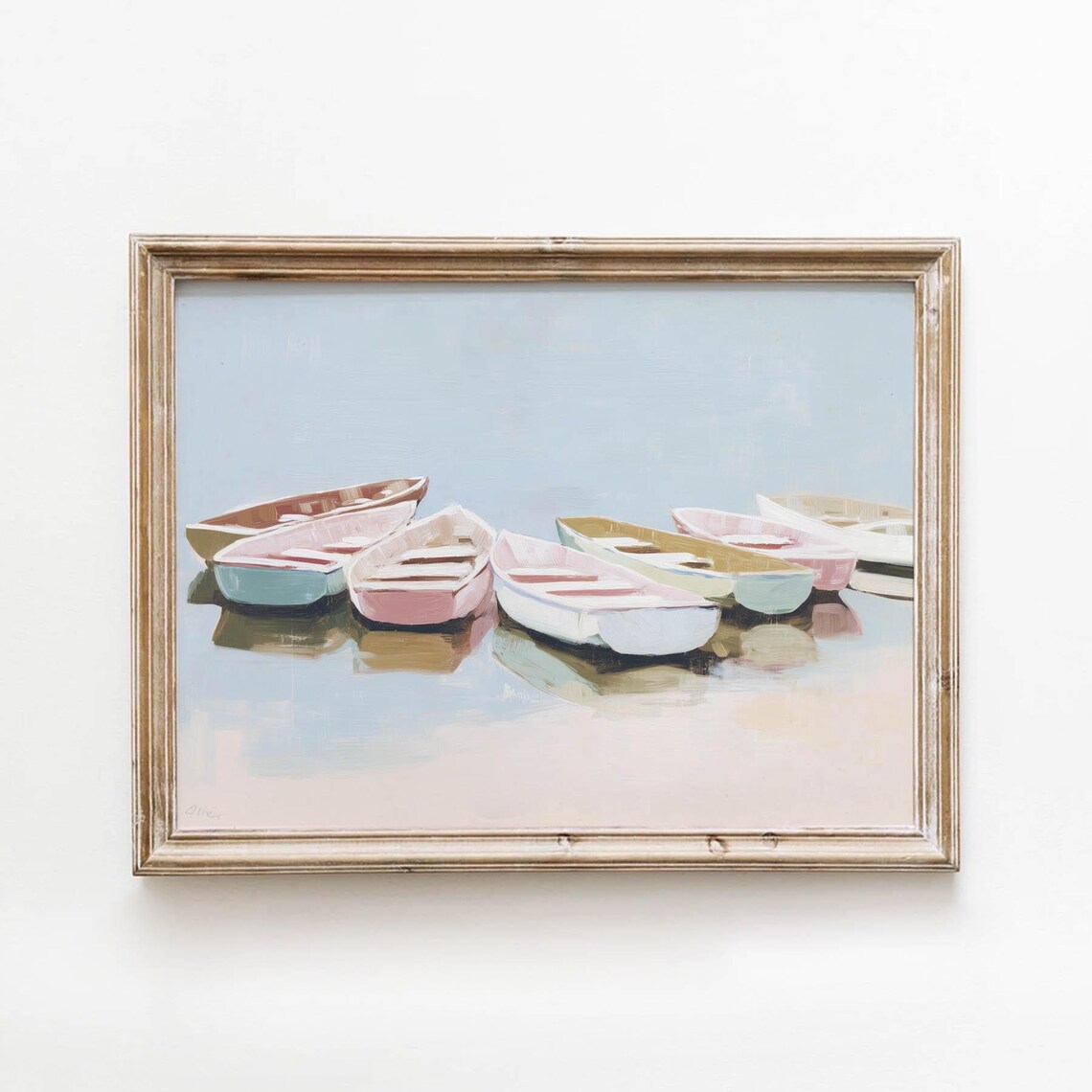 Pastel Pink Blue Rowboats Calm Water Soft Coastal Painting Wall Art