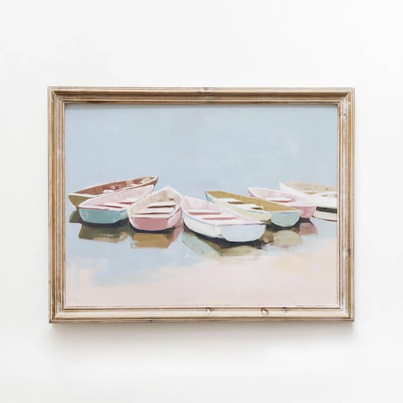 Soft Pink Blue Rowboats Printable Muted Coastal Wall Art Vintage Lake Landscape Decor Dreamy Feminine Bedroom Download 644