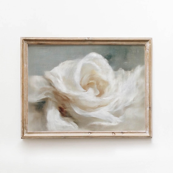 White Rose Closeup Soft Vintage Floral Oil Painting Romantic Wall Poster