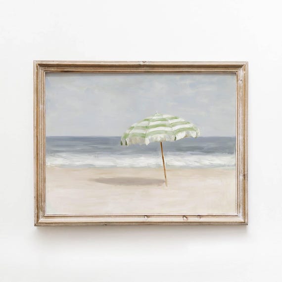 Coastal Beach Umbrella Printable Vintage Striped Shore Wall Art Muted Ocean Waves Decor Neutral Seaside Painting Gray Blue Download 451