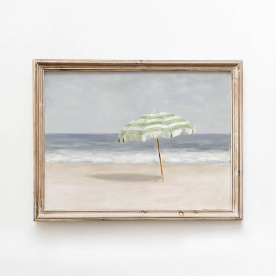 Lone Green And White Striped Beach Umbrella Muted Shore Print
