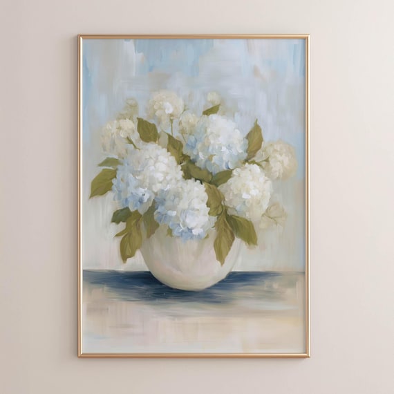 Pale Blue Hydrangeas Print With Cream Vase Calming Cottagecore Floral Dcor Soft Farmhouse Bouquet Poster Muted Vintage Art P101