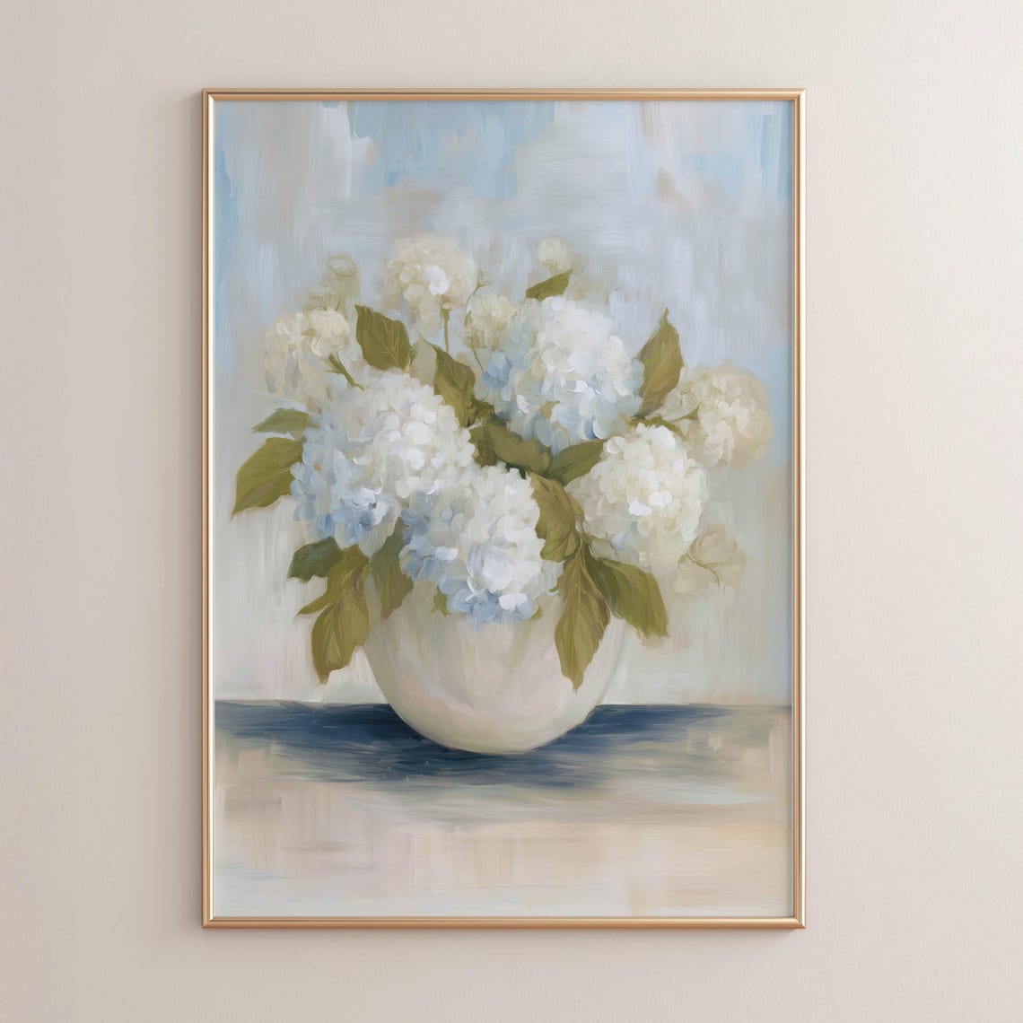 White Hydrangea Bouquet in Vase Soft Blue Floral Still Life Wall Art