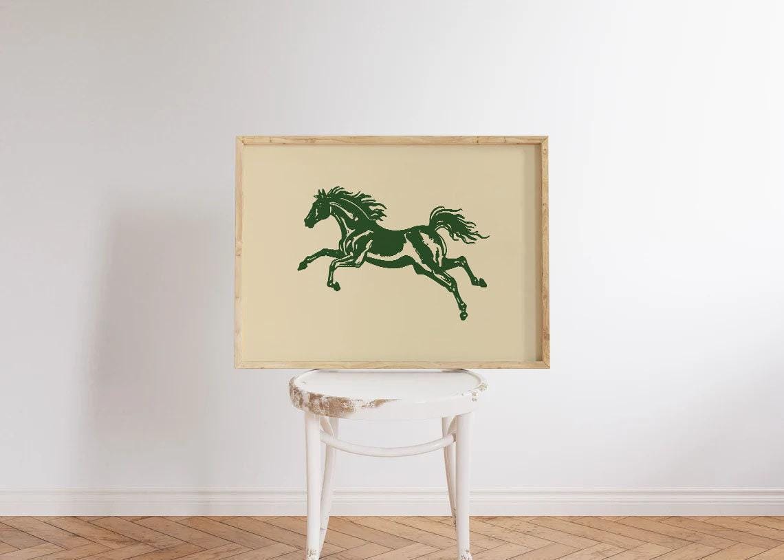 Green Galloping Horse Silhouette Vintage Western Cowboy Art Poster