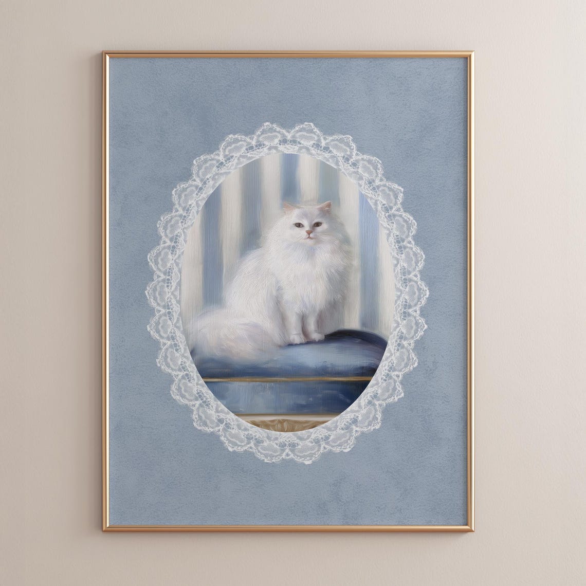 Fluffy White Cat Portrait in a Lace Oval Frame on Blue Poster