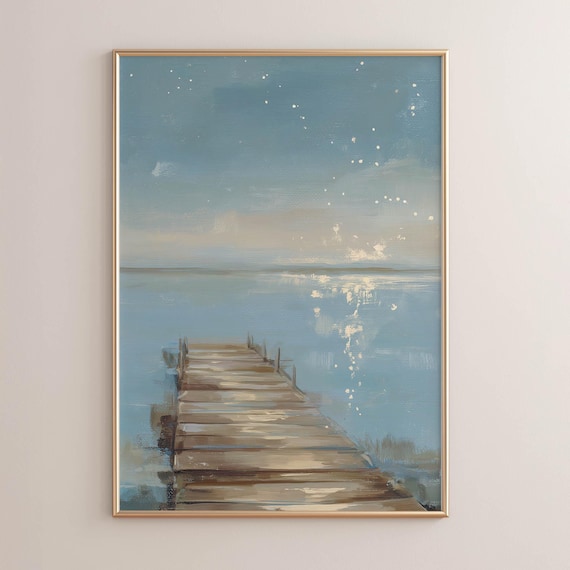 Printed Wooden Dock Under Starry Night Serene Coastal Landscape Muted Blue Water Moody Neutral Wall Art Poster P414