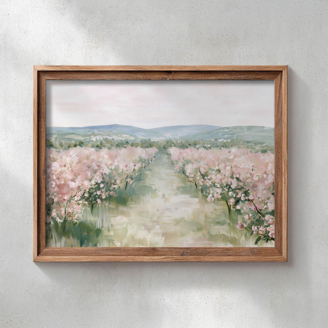 Blooming Orchard Pink Flowering Trees Soft Spring Landscape Painting Poster