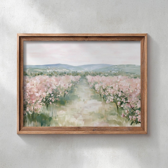 Blooming Orchard Pink Flowering Trees Soft Spring Landscape Painting Poster