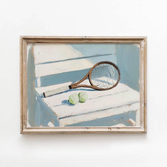 Vintage Tennis Racket, Rustic Still Life Art Print
