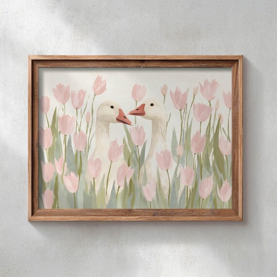 Pair Of White Geese Among Pink Tulips Pastel Spring Scene Poster