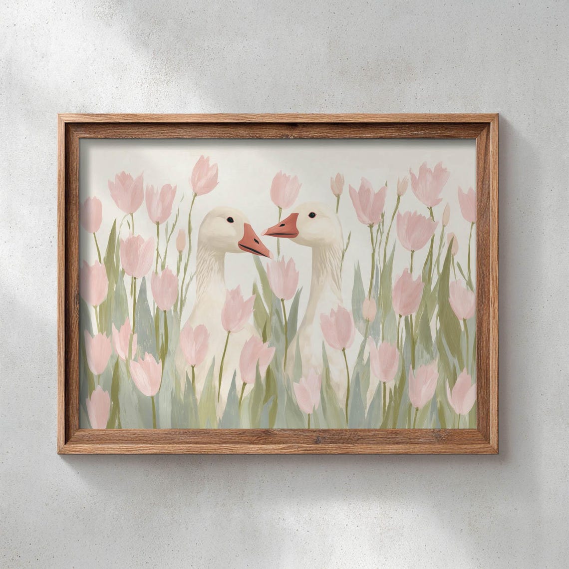 Pair Of White Geese Among Pink Tulips Pastel Spring Scene Poster