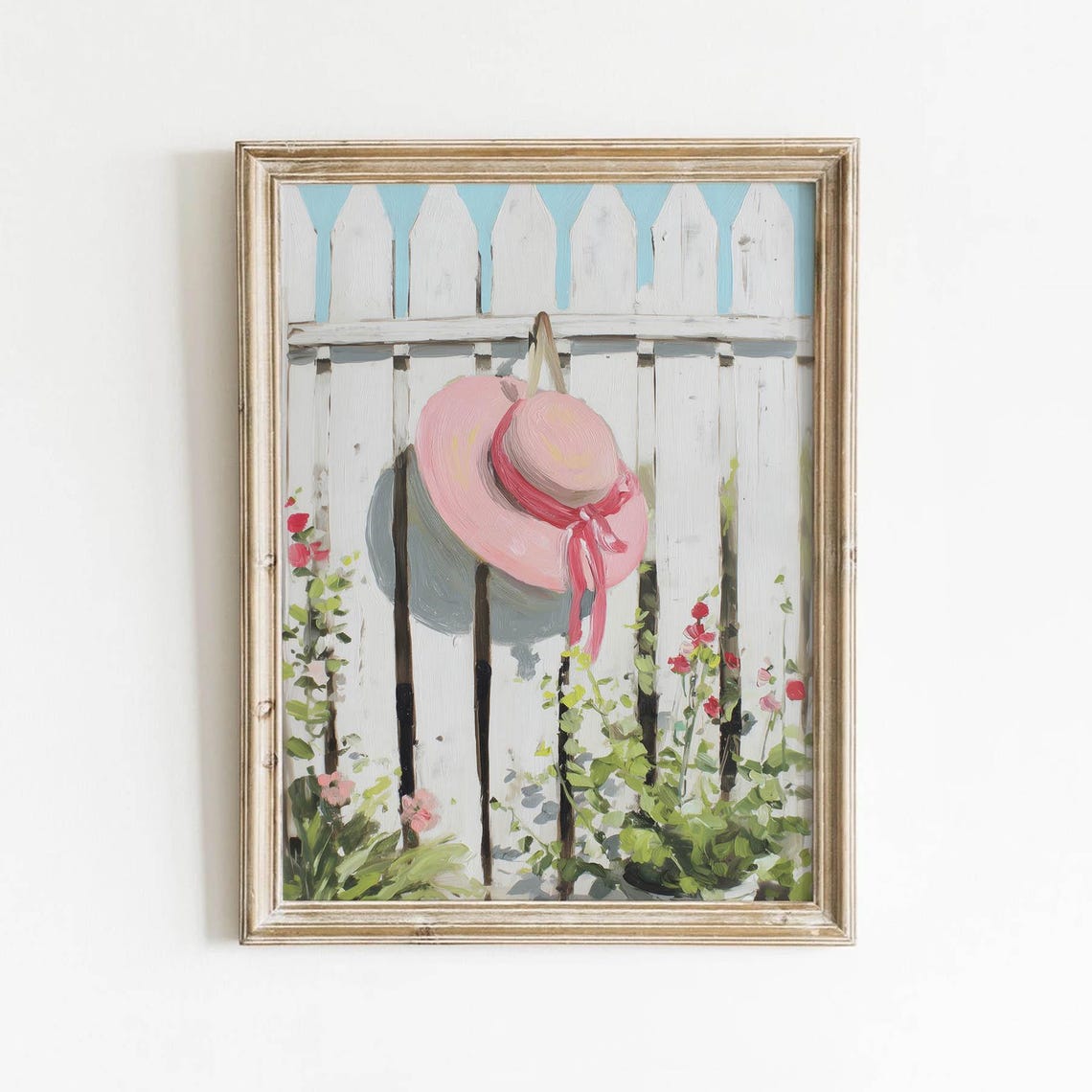 Pink Sunhat Picket Fence Poster Retro Coastal Garden Painting