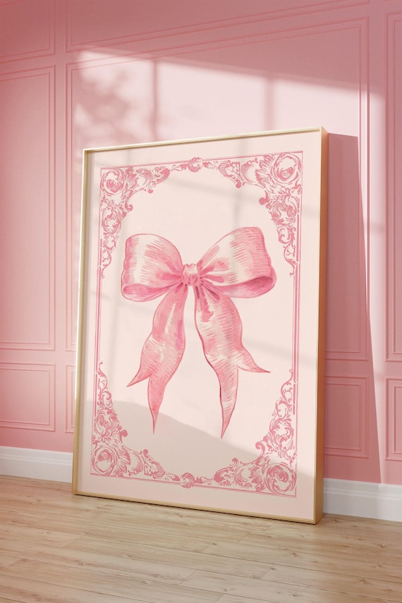 Pink Coquette Bow Art Poster Vintage Ornate Frame Girly Bedroom Wall Decor