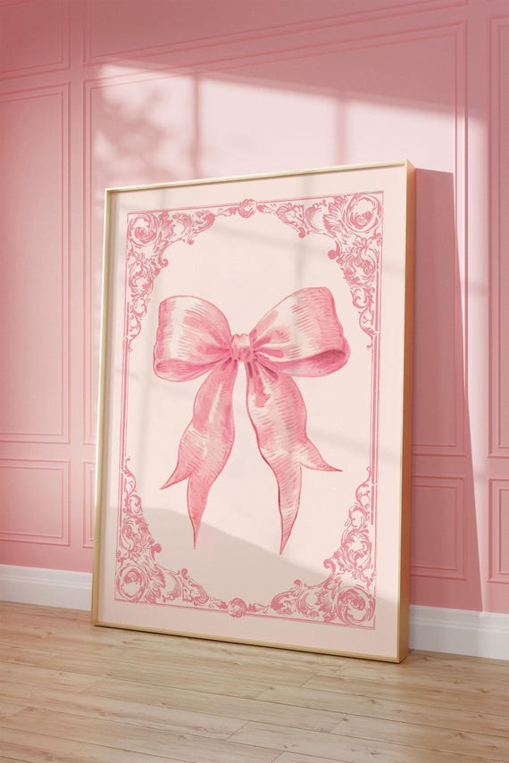Preppy Pink Coquette Bow Download Vintage Girly Wall Art Hand Drawn Illustration Aesthetic Dorm Decor Balletcore Nursery 0002av