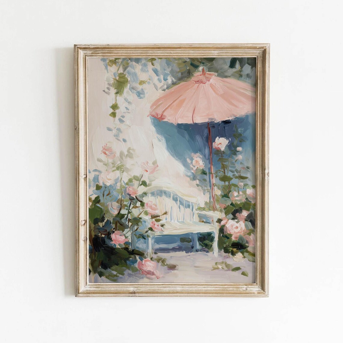 Garden Bench With Pink Parasol And Roses Art Print