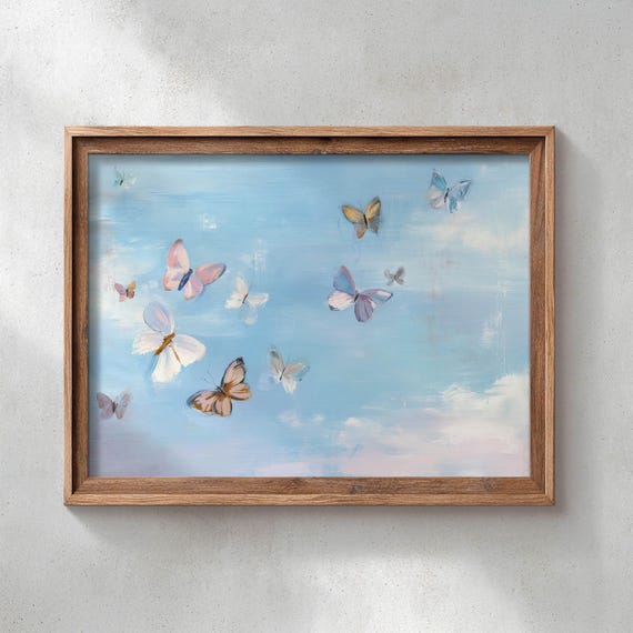 Peach Butterfly Cluster Art Print Serene Pastel Sky With Airy Cloudlike Background Nurseryfriendly Decor Feminine Calm P158