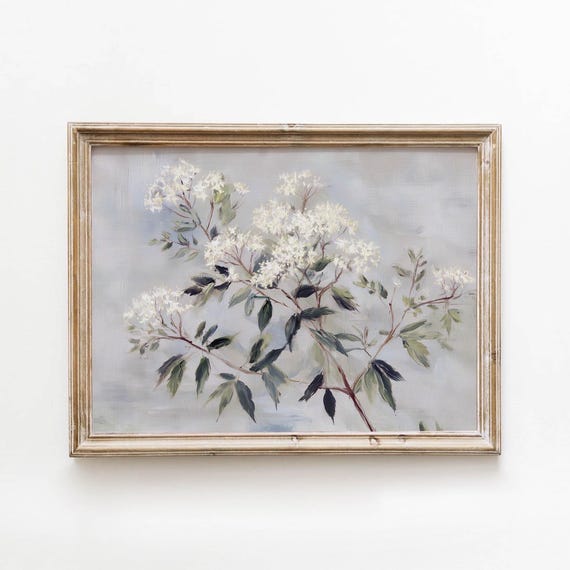 Vintage White Flowering Branches Printable Muted Grey Blue Wall Art Cottagecore Botanical Decor Digital Download 578