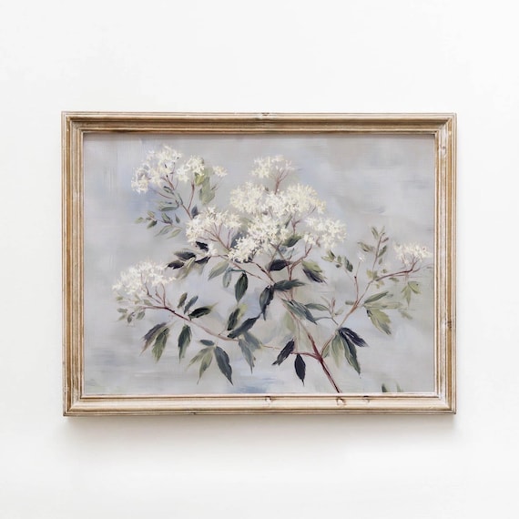 White Flowering Branches Grey Blue Cottagecore Botanical Poster