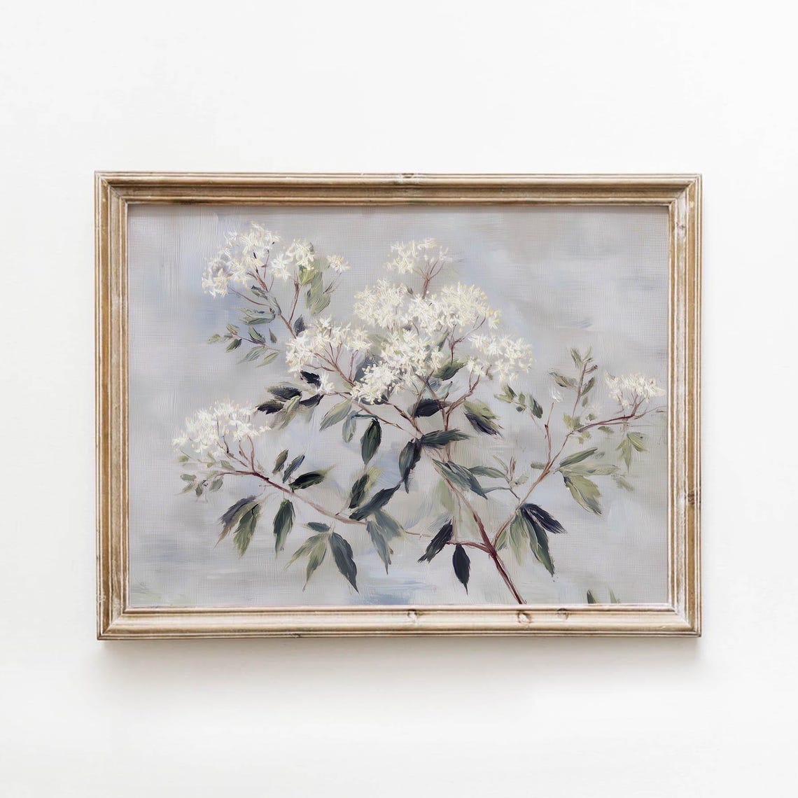 White Flowering Branches Grey Blue Cottagecore Botanical Poster
