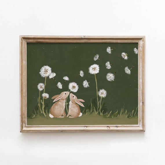 Brown Bunnies Dandelion Printable Earthy Cottagecore Wall Art Springtime Bunny Decor Natureinspired Bedroom Olive Download 236