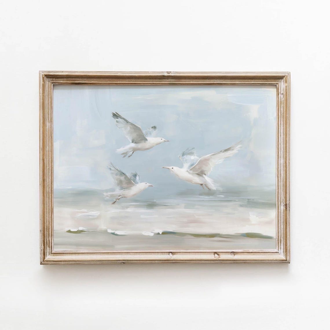 Coastal Seagulls in Flight Over Ocean Muted Blue Gray Poster