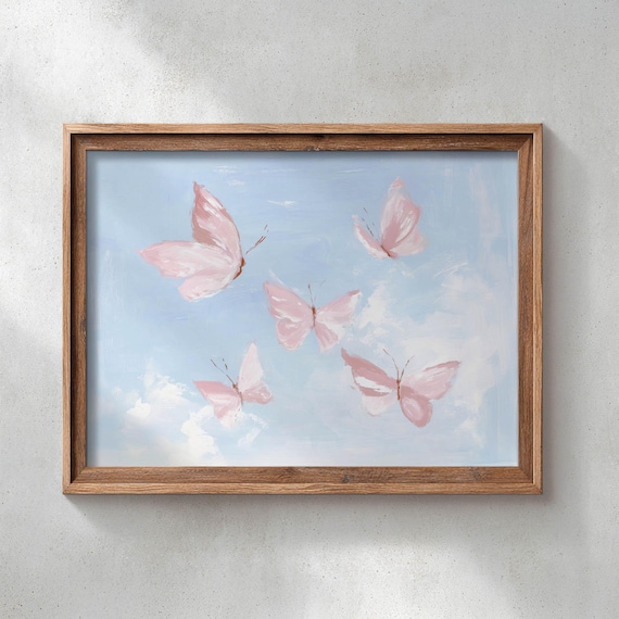 Printed Soft Pink Butterflies Blue Sky Wall Art Romantic Summer Coastal Decor Feminine Nursery Poster Print P646