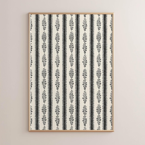 Vintage Handdrawn Botanical Black Ink Stripe Farmhouse Pattern Poster