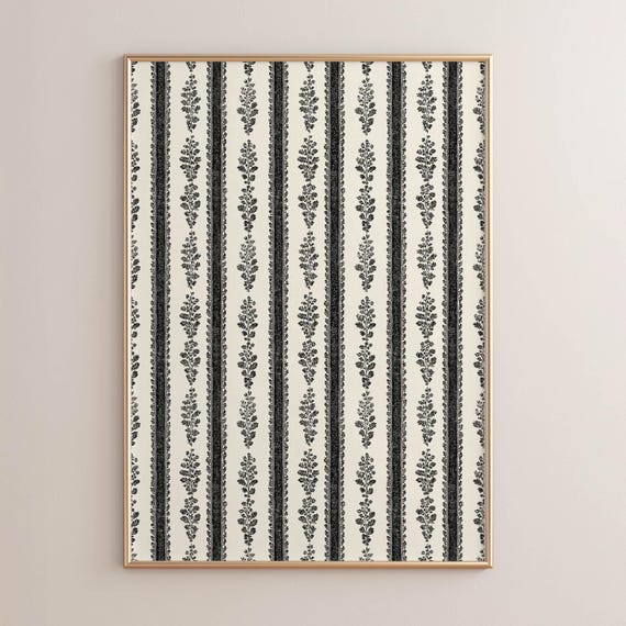 Vintage Handdrawn Botanical Stripe Poster Print Black Ink On Cream Rustic Farmhouse Neutral Cottagecore Pattern Art Decor P117
