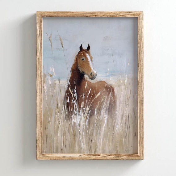 Chestnut Horse Standing In Golden Grass Equestrian Wall Art Rustic Country Poster Muted Blue Sky Neutral Tones Vintage Decor 0544