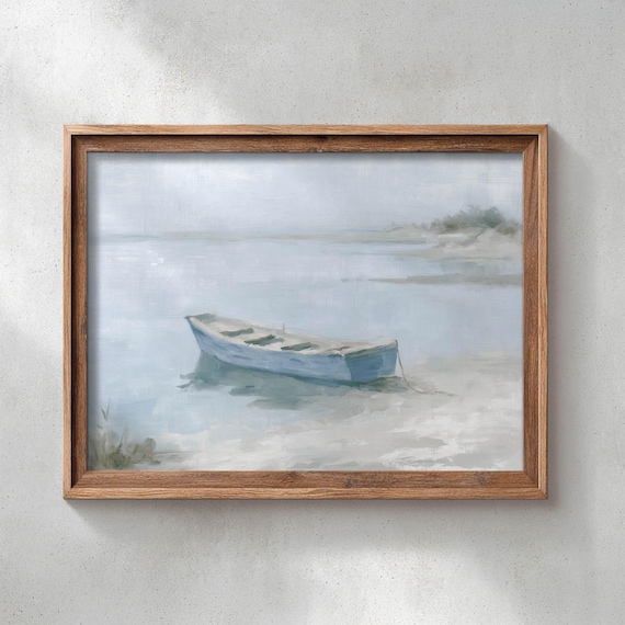 Printed Weathered Rowboat Coastal Wall Art Moody Beach Scene Muted Blue Grey Tones Vintage Nautical Decor Serene Water Landscape Poster P736