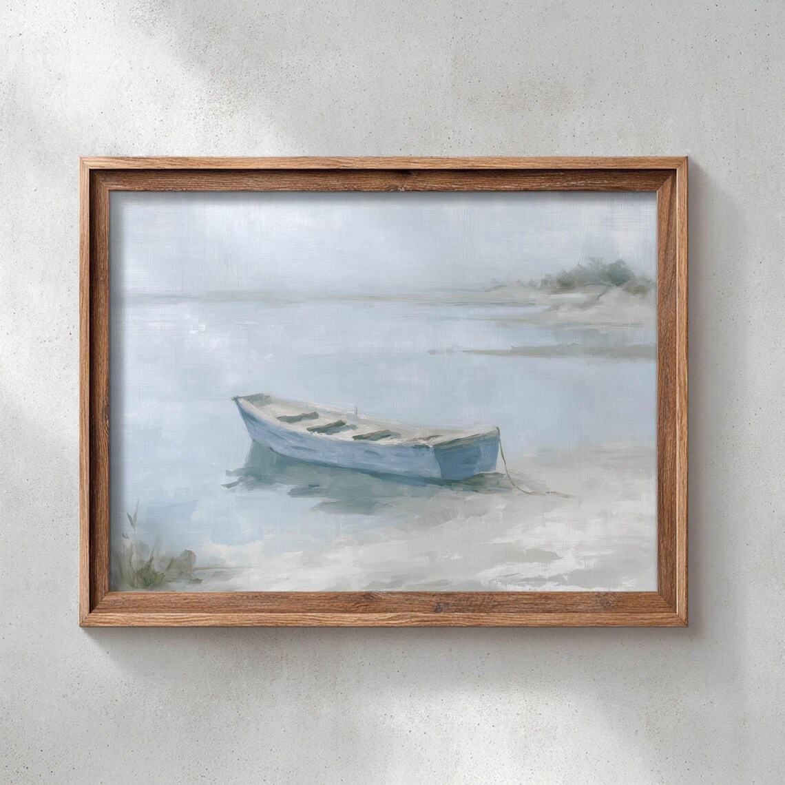 A Weathered Blue Rowboat Floating on Still Misty Waters Vintage Coastal Landscape Poster