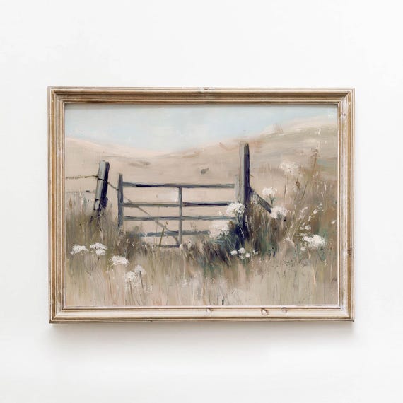 Rustic Wooden Gate Printable Wildflower Meadow Wall Art Farmhouse Countryside Decor Neutral Summer Print Digital Download 502