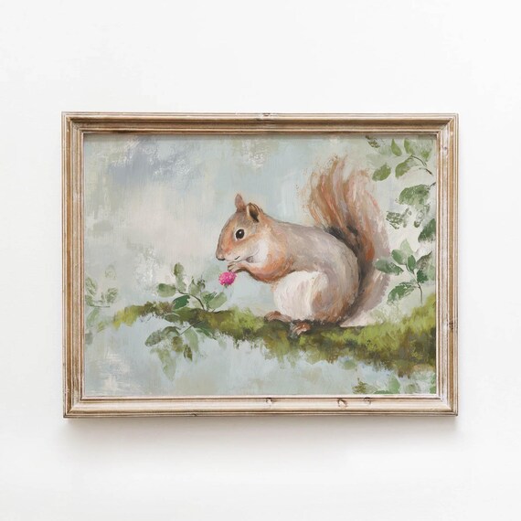 Vintage Squirrel Printable Neutral Cottagecore Wall Art Rustic Animal Decor Cute Living Room Green Pastel Download 0328