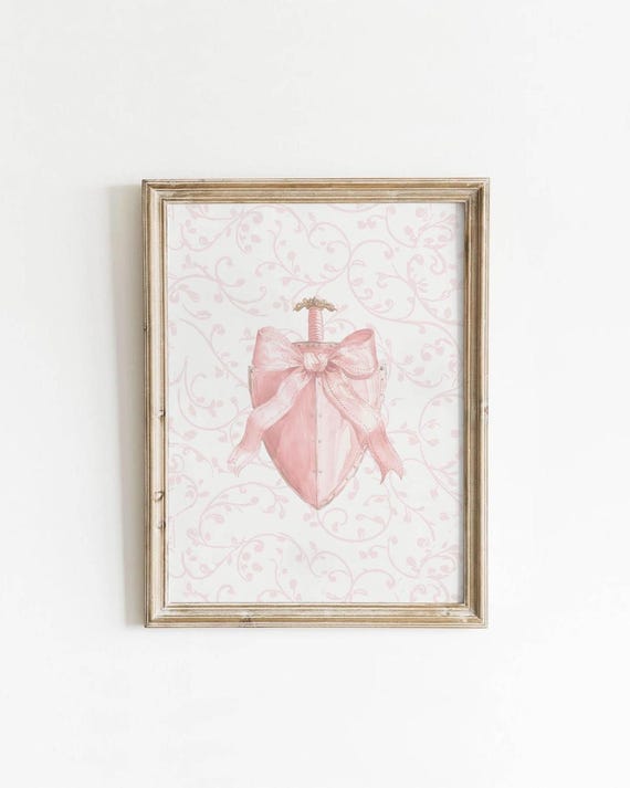 Pink Bow Shield Coquette Printable Wall Art Feminine Girly Nursery Decor Preppy Aesthetic Dorm Print Soft Pastel Digital Download