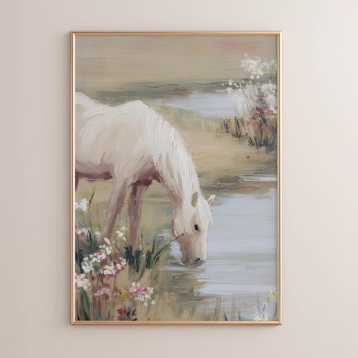 White Horse Drinking From Pond, Cottagecore Art Print