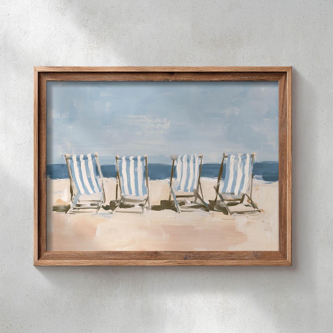 Blue and White Beach Chairs, Coastal Minimalist Art Print