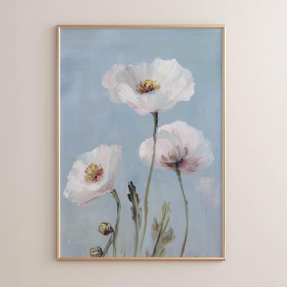 White Poppy Flowers, Soft Botanical Poster Print