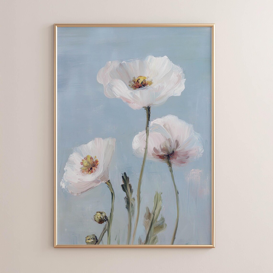 White Poppy Flowers, Soft Botanical Poster Print