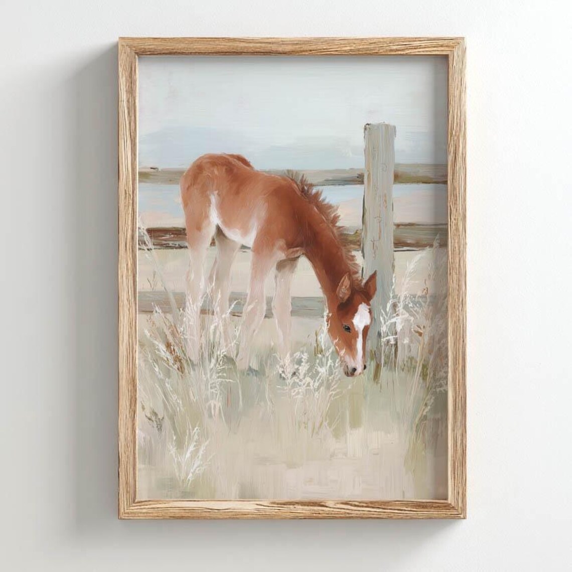 Young Foal Grazing Tall Grass, Rustic Country Cottage Art Print