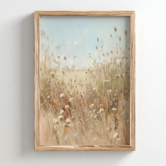 Printed Wildflower Meadow Golden Dried Grasses Blue Flowers Beige Tan Tones Vintage Botanical Boho Wall Art 0484