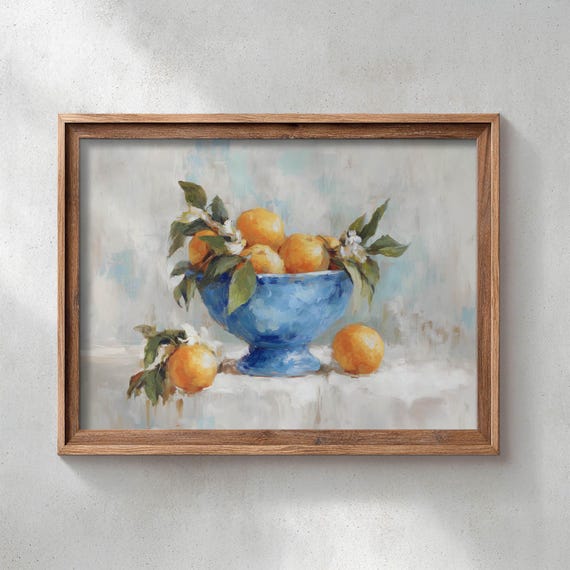 Vintage Farmhouse Orange Still Life Poster Print Cozy Cottagecore Painting With Blue Bowl And Green Leaves Impressionistic Art P223